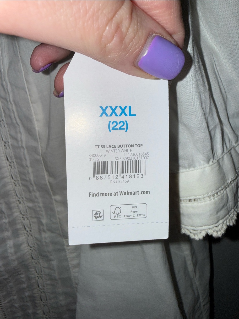 Time and Tru Women's Winter White Button-Front Lace-Trim Blouse XXXL (22) - Picture 5 of 7